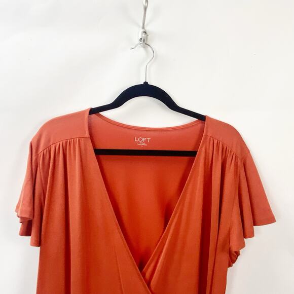2/$30 LOFT Large Womens Orange Short Sleeve Surplice V-Neck Wrap Blouse Top - Picture 4 of 10